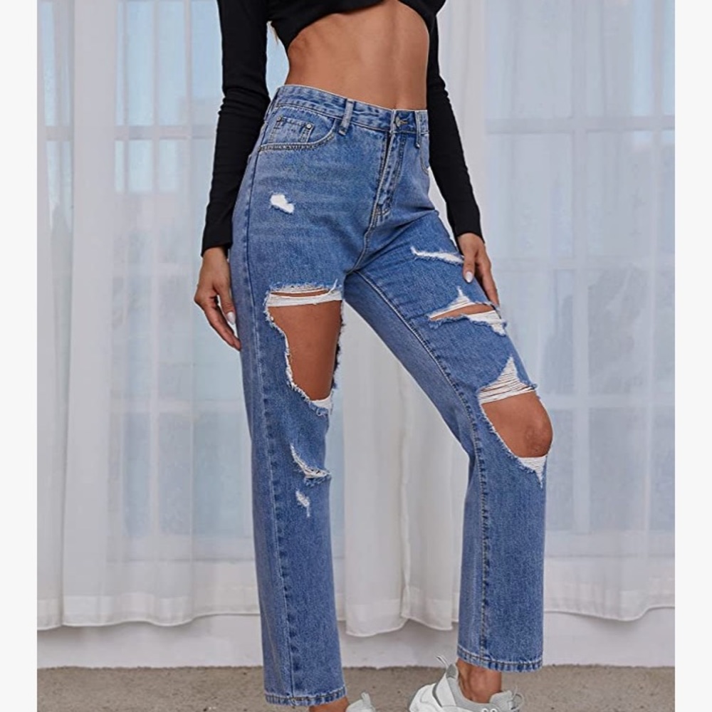 NWT POTILI Women Jeans Ripped Mom Jean High Waisted, Sz Small